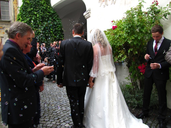 Bride and Groom exit the Castle, all the guest blowing soap bubbles :D 